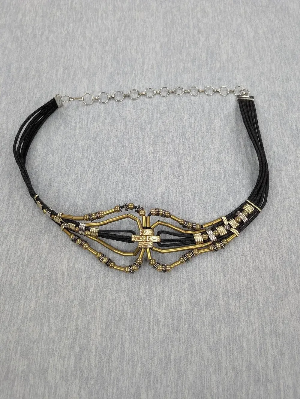 Vintage Belt Black Cord Beaded Geometric Art Deco Gold Silver Tone Western Boho